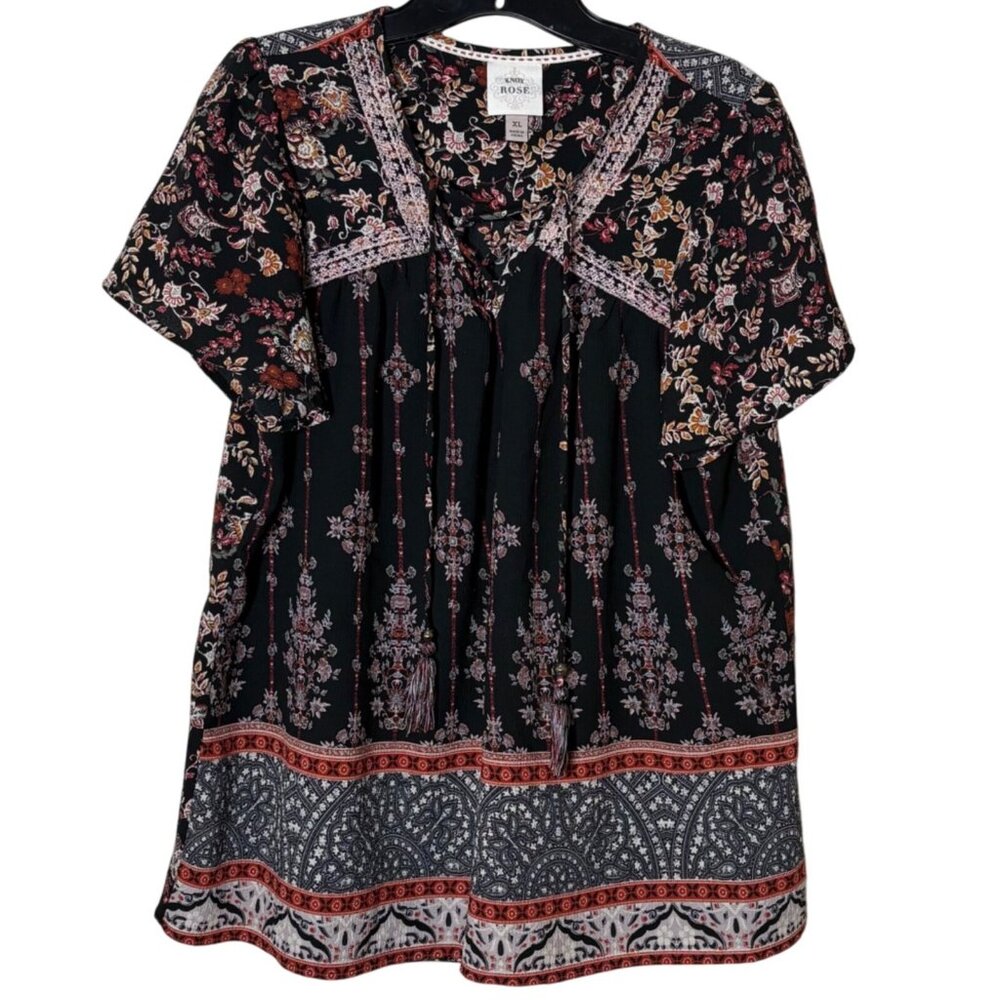 Knox Rose Black Floral Boho Peasant Top with Red and Cream Details